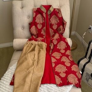 Red and Gold Embroidered Pant Suit